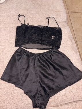 Vintage Victoria's Secret Black Lace Bandeau  & Satin Shorts Set